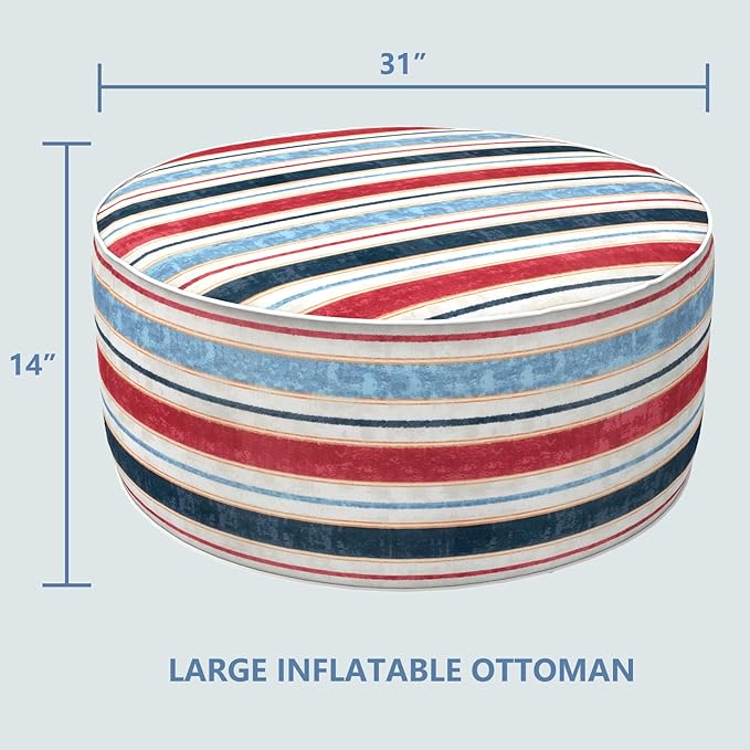 LVTXIII Outdoor Inflatable Ottoman, Fade-Resistant Round Footrest Stool D31”x H14”, Portable Patio Pouf for Garden Camping or Home Use, Stripe Red Blue
