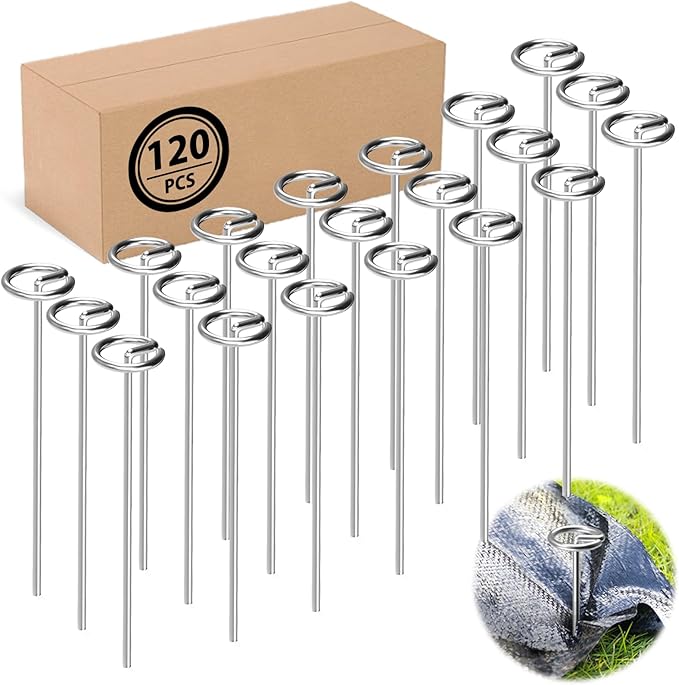 120 Pack Heavy Duty 8 Gauge Galvanized Landscape Fabric Pins, 6 Inch G-Shaped Round Top Weed Barrier Stakes for Garden, Erosion Control, Tent, Ground Cover (Silver)