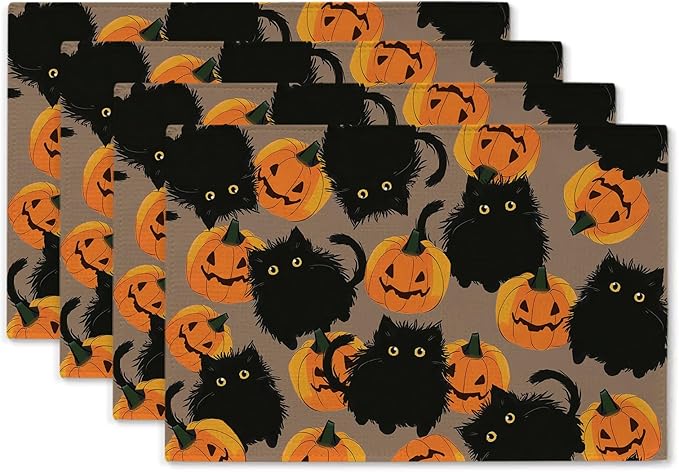 Halloween Placemats Cat Pumpkin Set of 4 Table Mats Seasonal Cute Home Party Kitchen Dining Table Decorations