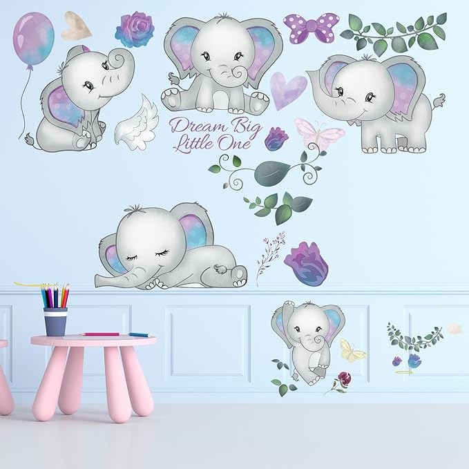 Wall Decals Stickers Dream Big Little One Elephant Wall Stickers Wall Murals Peel and Stick Removable Purple Rose Elephant Wall Decor for Baby Shower Room Nursery Boys Girls Bedroom Playroom Classroom