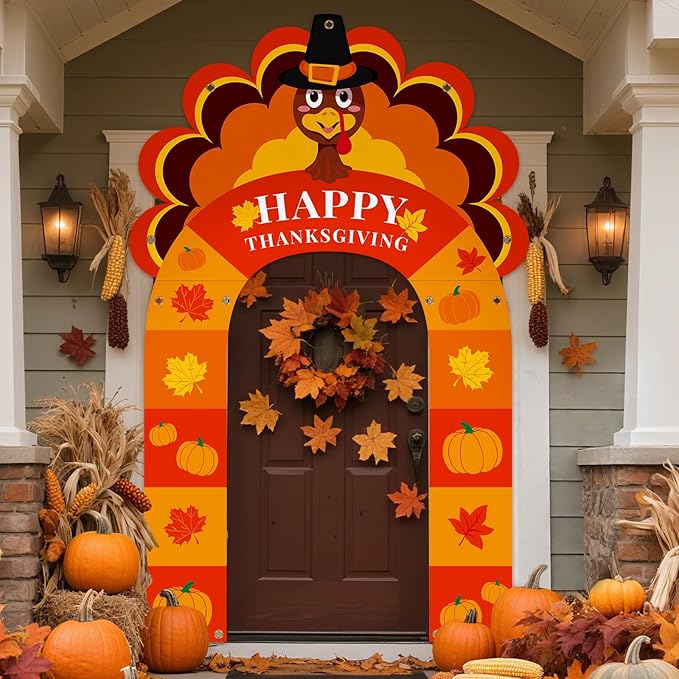 Thanksgiving Turkey Party Porch Banner Fall Pumpkin Maple Leaf Turkey Door Banner for Thanksgiving Decorations Porch Sign Photo Backdrop Outdoor Front Door Cover Indoor Wall Hanging Supplies