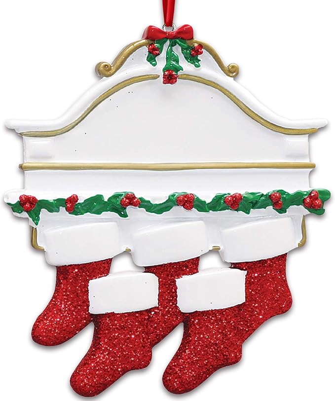 3D White Mantle Family of 5 Christmas Ornament 2025 Personalized Family Christmas Ornaments 2025 | Garland Fireplace Personalized Tree Ornaments Customizable Gifts Red Stockings of Five Ornament