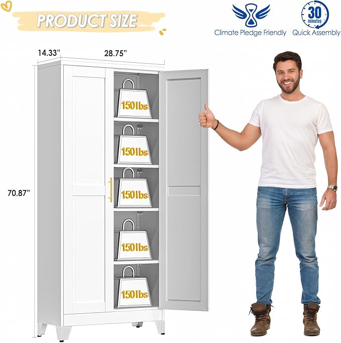 71" Tall Metal Storage Cabinet with 2 Doors and 4 Adjustable Shelves, Kitchen Pantry Cabinet White Freestanding Cupboard, 5 Tier Multifunctional Steel Storage for Office, Kitchen, Dining Room