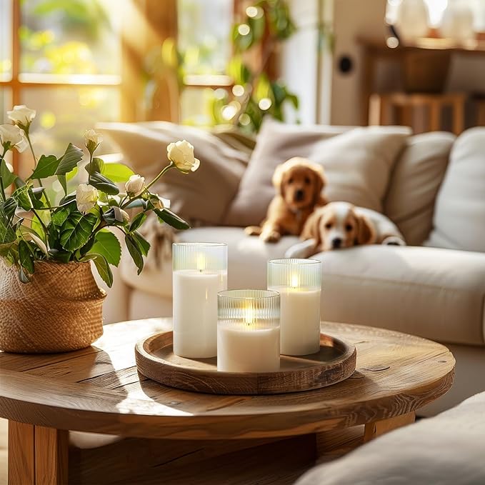 Amagic Glass Flameless Candles with Remote, Battery Operated Candles with Timer, Real Wax LED Pillar Candles with Flickering Flame for Home Wedding Fall Decor, White, Set of 3