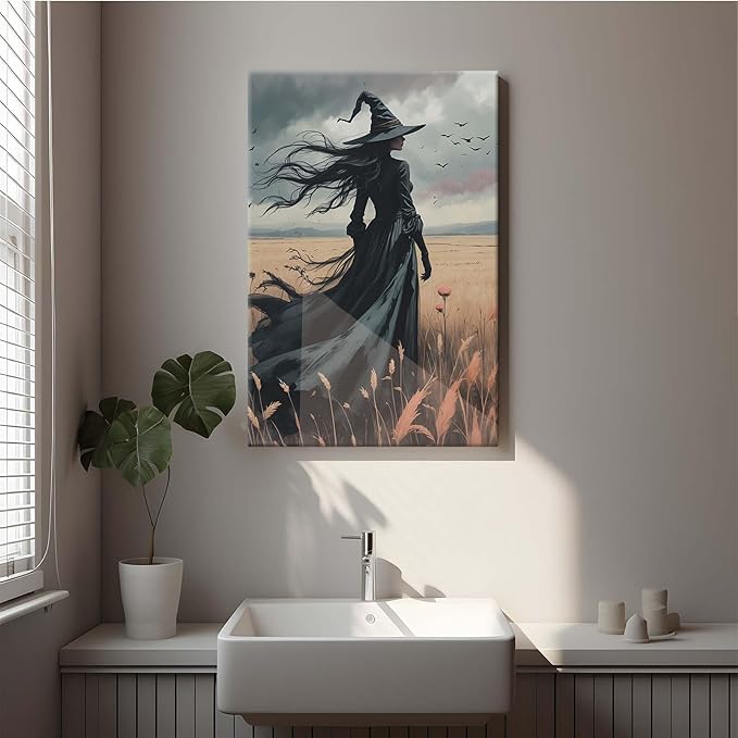 JFHCQJPK Gothic Decor Canvas Wall Art Witch in Rice Field Halloween Art Decor Print Nature Print Victorian Home Bedroom28x40in Frameless