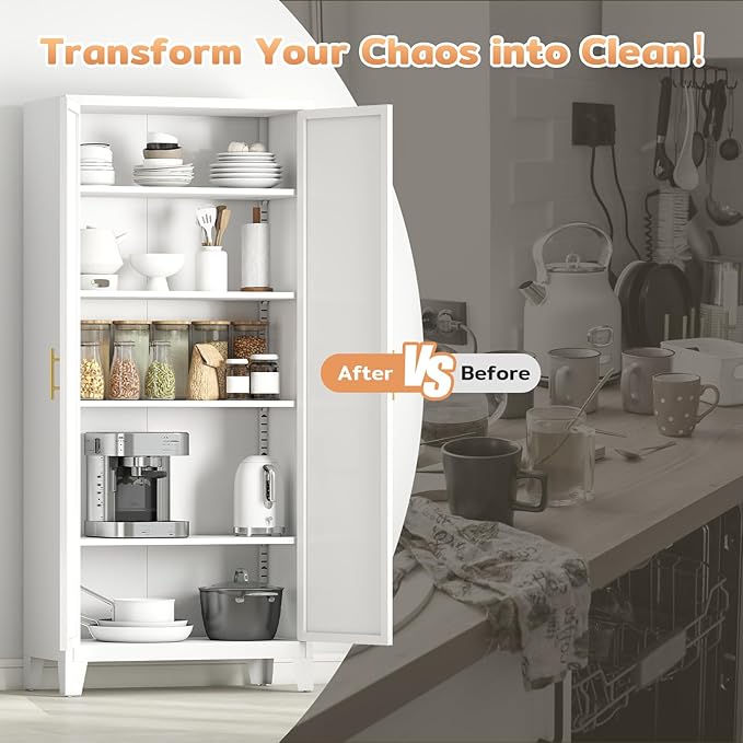 70.87" H Metal Kitchen Pantry Cabinet, Freestanding Cupboard with 2 Doors and 4 Adjustable Shelves, Tall Metal Storage Cabinet for Kitchen, Bathroom, Dinning Room or Laundry Room （White）