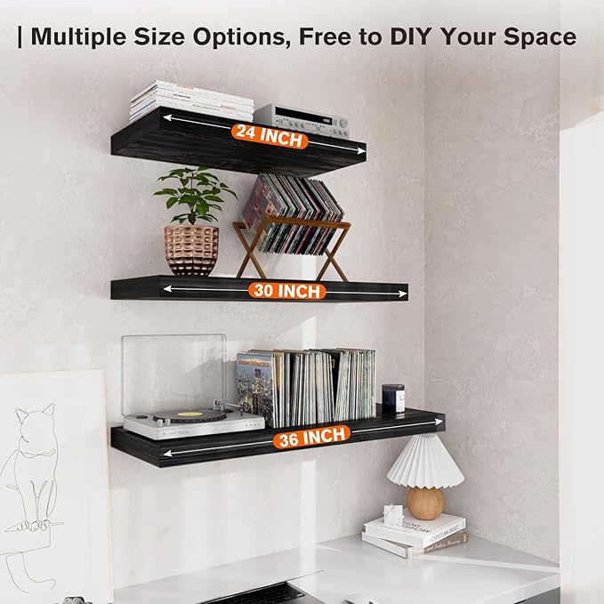 Large Floating Shelves for Wall Set of 3 Wooden Wall Shelves 36 in x 12.75 in x 2 in Room Decor Long Shelf with Invisible Wall Mount Bracket for Bedroom Kitchen Living Room Black Wood