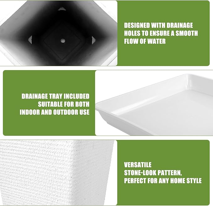 Tall Planters Set Of 2 for Outdoor Indoor Plants,21.3in Large Tapered Plant Pots with Drainage Trays Holes,White Resin Extra-Thick Flower Pots for Outdoor Patio Front Porch Backyard Decor