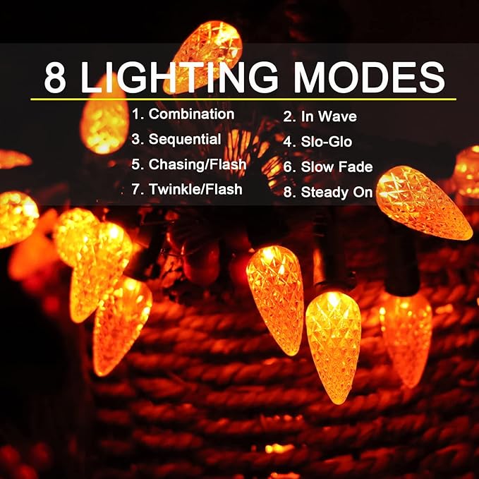 HUGSVIK 21Ft 50LED C6 Orange Lights for Halloween, 8 Mode Solar Halloween Lights Outdoor, Waterproof Solar Christmas Decorations for Halloween Thanksgiving Holiday Christmas Decor