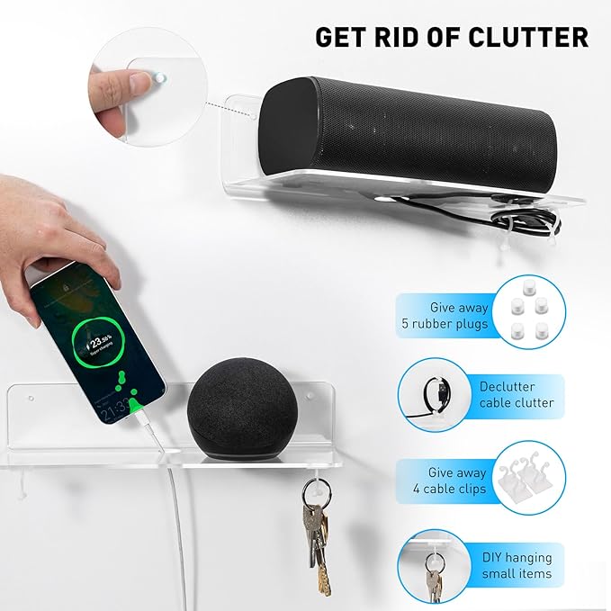 OAPRIRE Clear Acrylic Floating Shelves Set of 2 - Easily Expand Wall Space - 12 Inch Small Wall Shelf with Strong Adhesive for Bathroom, Bedroom, etc