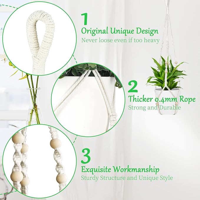 ZMTECH 2 Pack 35 Inch Macrame Plant Hanger (Ivory) Indoor Hanging Planter Basket with Wood Beads Decorative Flower Pot Holder for Indoor Outdoor Boho Home Decor