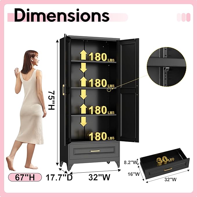 Pantry Kitchen Cabinet with Drawer, 75" Tall Pantry Storage Cabinet, Metal Storage Cabinets with Doors and Shelves, Large Freestanding Cupboard for Dining Room, Assembly Required, Black