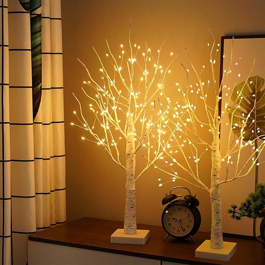 2-Piece Set: 2 Ft White Birch Tree with Lights, 144 LED Christmas Tree with Lights, Lighted up Tree Lamp USB/Battery Powered with Timer, Lighted Trees for Indoor Decor, Tabletop, Fireplace, Christmas