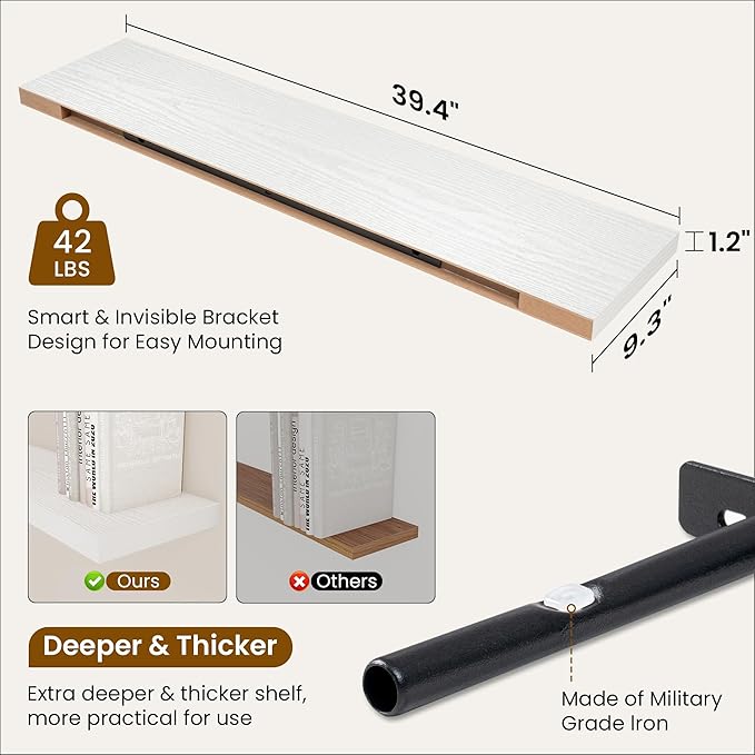 Fun Memories 40" Rustic Wood Floating Shelves with Invisible Brackets for Storage & Decor, Deep Wall Mounted Shelves for Bathroom, Kitchen, Living Room (White, Set of 2)