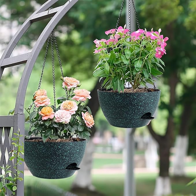 12 Inch Hanging Baskets 2 PC with Chains, Self-Watering Hanging Planters for Indoor Outdoor Plants, Plastic Hanging Flower Pots, Black with Green Speckles