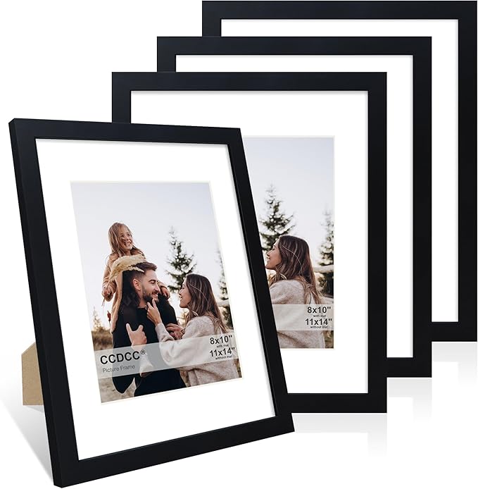 11x14 Picture Frame Set of 4, 11 x 14 Wood Photo Frames with Mat for 8x10, Wooden Frame with Real Glass Cover for Wall and Tabletop Display,Black