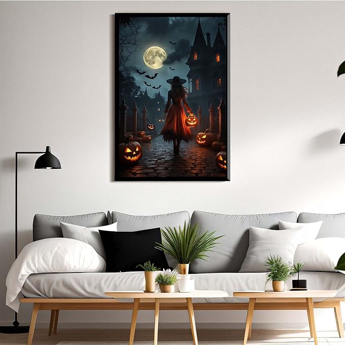 JFHCQJPK Halloween theme poster moonlit autumn night witch vintage poster art print dark college style gothic painting canvas wall decoration bedroom living room ideal gift8x12in Metal blackFramed