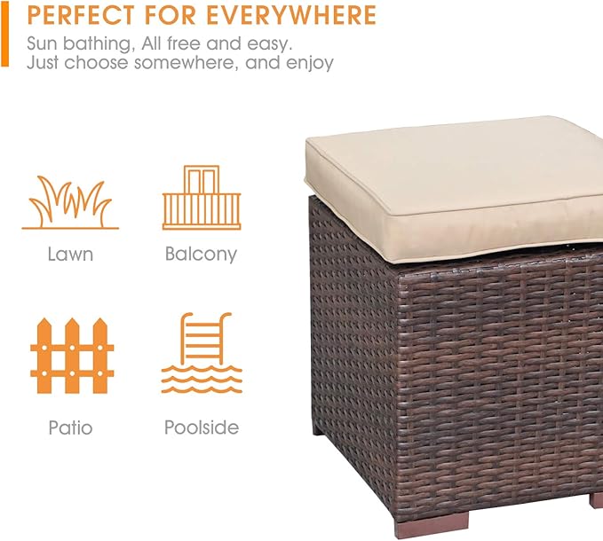 Patiorama 2 Pieces Assembled Outdoor Patio Ottoman, Indoor Outdoor All-Weather Dark Brown Wicker Rattan Outdoor Footstool Footrest Seat with Beige Cushions, No Assembly Required