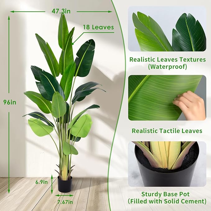 Artificial Bird of Paradise Plant 8Ft Fake Tropical Palm Tree with 18Trunks Faux Banana Leaf Trees in Pot for Home Indoor Outdoor Office Modern Decor Housewarming Gift