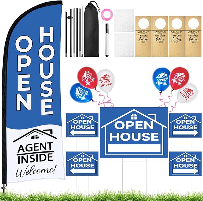 44 Pcs Open House Signs for Real Estate Agent Supplies, Double Sided Open House Flag Kit for Outside, 7.6 x 5.4 Ft Blue Banner Flag Poles Set with Directional Arrows Yard Sign Stakes Balloons