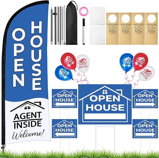 44 Pcs Open House Signs for Real Estate Agent Supplies, Double Sided Open House Flag Kit for Outside, 7.6 x 5.4 Ft Blue Banner Flag Poles Set with Directional Arrows Yard Sign Stakes Balloons