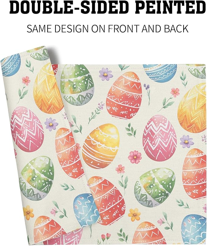 Easter Placemats Set of 4 Spring Colorful Easter Egg Floral Washable Non-Slip Heat Resistant Place Mats 12x18 Inch Rustic Linen Table Mats for Kitchen Dining Party Decor