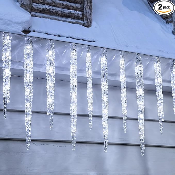 Minetom Christmas Icicle Lights - 2 Pack Total 200 LED 40 Tubes Twinkling Crystal Icicle String, Connectable Waterproof Hanging Christmas Lights Plug in for Winter Eave Holiday Outdoor Decoration