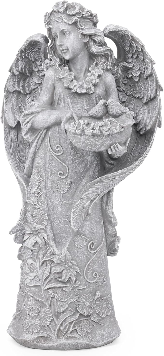 Outdoor Statues Angel Décor Garden Statue- 23.5" H Angel Statue,Resin Angel with Bird Figurine, Ideal for Yard, Patio, Deck, Home Entryway, and Hallway（Grey）