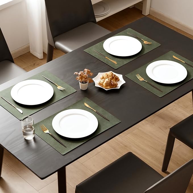 MOSAYT Vinyl Placemats Set of 6-12 X 17 Inch - Faux Leather 100% Waterproof Oil-Proof Wipeable PU Place Mats, Heat Resistant Reversible Table Mats for Kitchen, Dining, Outdoor (Olive Green)