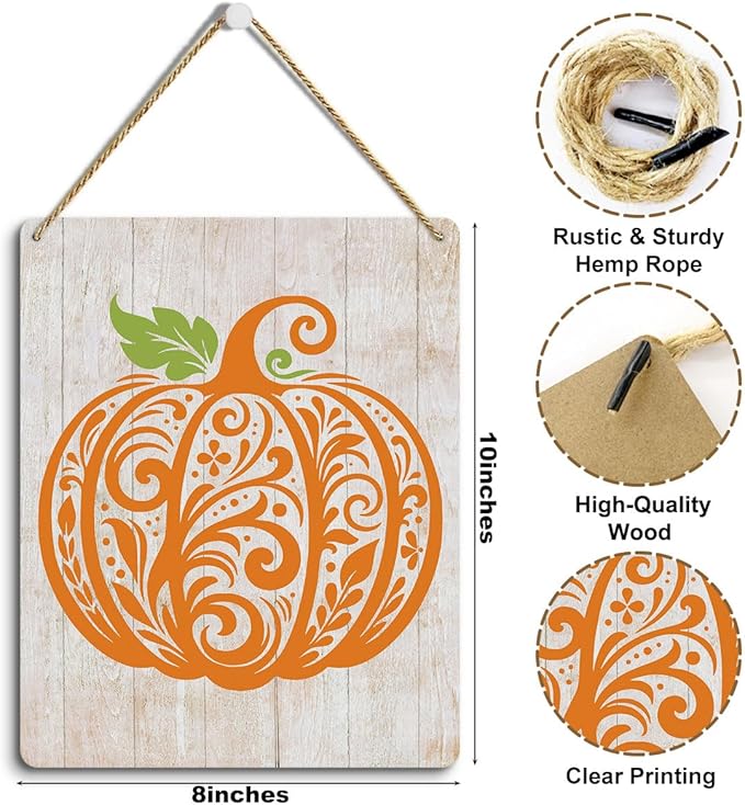 MIGUMUTU Rustic Farmhouse Fall Signs Door Wall Hanging Decor, Fall Room Home Decor, Pumpkin Decor Fall Decoration for Home, Pumpkin Sign Fall Wall Decor Decoration for Home Office 12 X 12 Inch