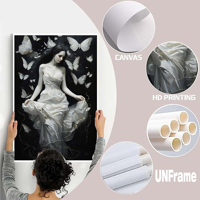 JFHCQJPK Vintage Gothic Feminine Canvas Wall Art Print Butterfly Poster Moody Preppy Wall Art Dark College Decor for Home Bedroom8x12in Frameless