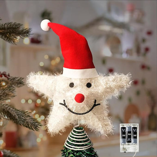 Christmas Tree Topper Snowman Star with Warm White 20 LED Lights, Xmas Tree Topper Star for Holiday Seasonal Decor Battery Required Outdoor Indoor