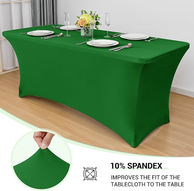 Obstal 8Ft Stretch Spandex Table Cover for Standard Folding Tables - 2 Pack Universal Rectangular Fitted Tablecloth for Party, Banquet, Events, Trade Show (Emerald Green, 96L x 30W x 30H Inches)