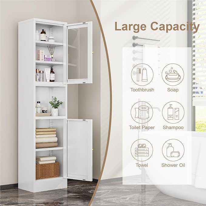 67" Tall Bathroom Storage Cabinet, Narrow Metal Floor Cabinet with Glass Door and Adjustable Shelves, Freestanding Metal Locker for Laundry, Kitchen, Dining Room