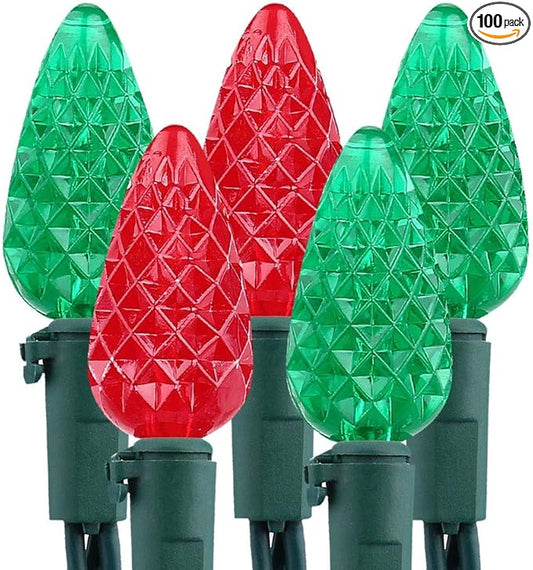 Brizled Red & Green C5 Christmas Lights, 33ft 100 LED Christmas Lights, Connectable 120V UL Certified Mini Christmas Lights Set Faceted Xmas Lights for Chrsitmas Tree Party Roof Indoor Outdoor Decor