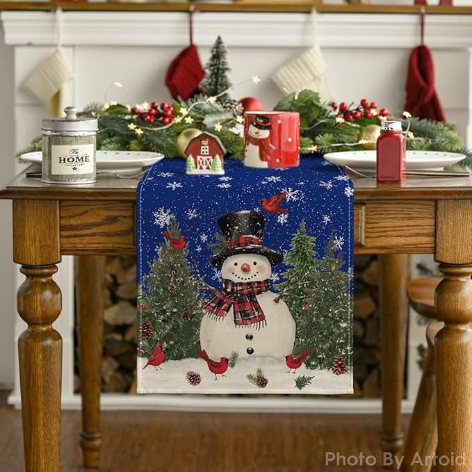 Artoid Mode Snowman Birds Trees Christmas Table Runner, Seasonal Blue Winter Holiday Kitchen Dining Table Decoration for Indoor Outdoor Home Party Decor 13 x 72 Inch