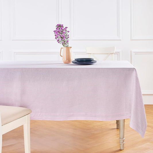 Solino Home Linen Striped Tablecloth 60 x 144 Inch - 100% Pure Linen Pink and White Table Cloth for Rectangle Tables - Narrow Stripe, Machine Washable Tablecloth for Halloween