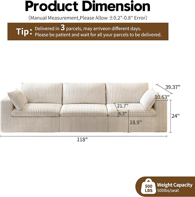 118" 3-Seater Cloud Sofa,Modular Sectional Couch,Modern Deep Seat Upholstered Couches with Plush Corduroy Fabric for Living Room Furniture,Bedroom and Apartment,No Assembly Required,White