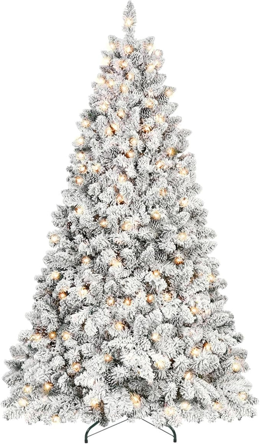 7ft Prelit Flocked Christmas Tree, Frosted Artificial Christmas Tree with 500UL Lights, Pine Cones & 1124 Tips, Auto Hinged Easy Setup Full Prelighted Fake Christmas Tree