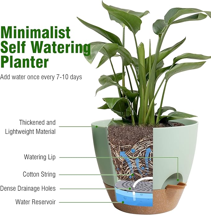 Big Self Watering Pots 12/10/9 inch, Planter, Plant Pots with Mesh Drainage Holes for Indoor Outdoor Garden Plants, Plastic Flower Pots with Removable Deep Reservoir, Green with Brown