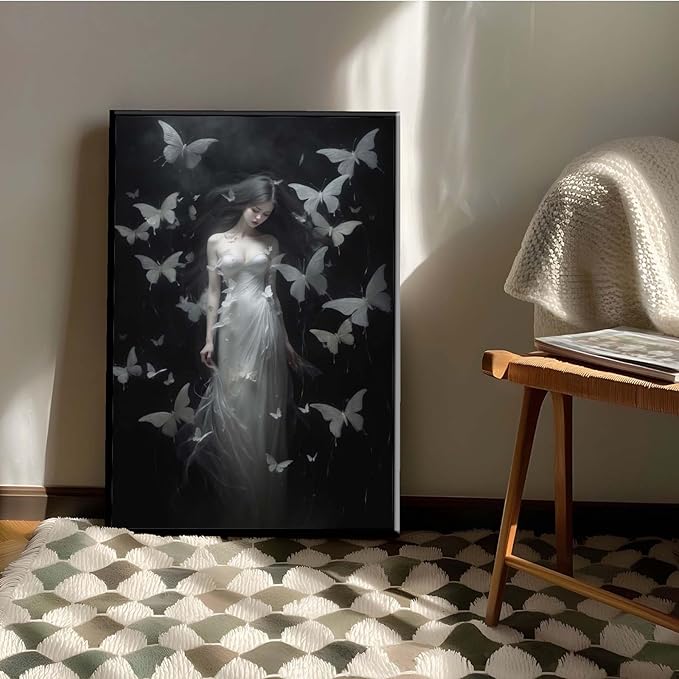 JFHCQJPK Vintage Gothic Feminine Canvas Wall Art Print Butterfly Poster Moody Female Wall Art Retro Artwork Dark College Decor for Home Bedroom20x30in Metal blackFramed