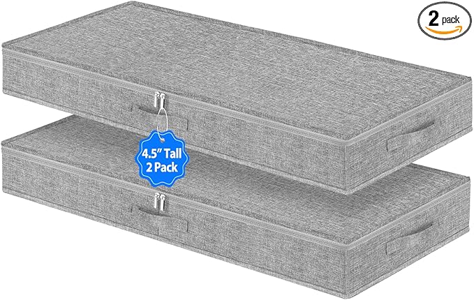 2 Pack Low Profile Under Bed Storage Containers 4.5 Inch Height, Shallow Underbed Couch Storage Organizer With Sturdy Sidewalls/Bottom, Thin Underbed Storage Bins For Clothes Dorm Dresser Sofa- Grey