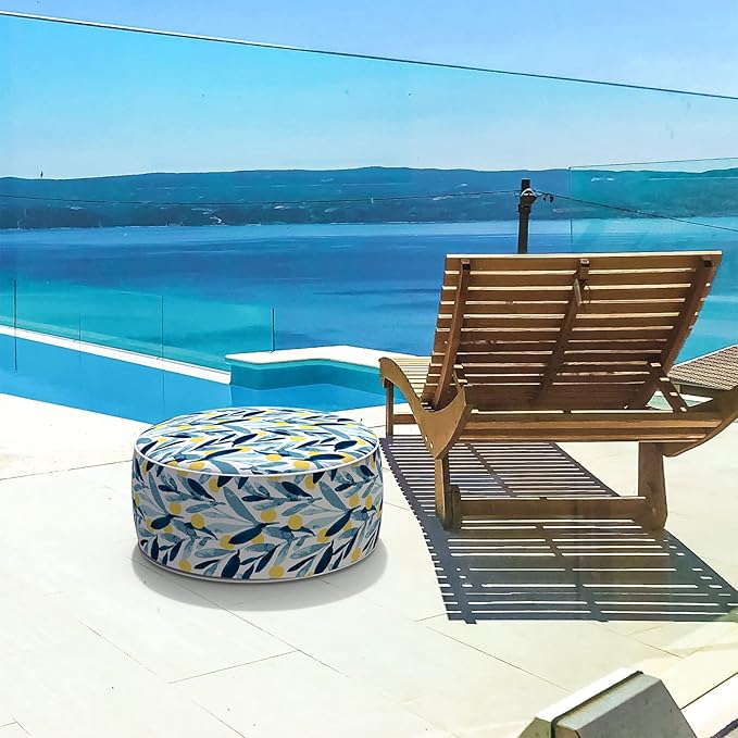 LVTXIII Outdoor/Indoor Inflatable Stool Ottoman, All Weather Patio Footrest Pouf, Portable Round Ottoman for Patio Garden, Camping or Home, D21xH9 Inches, Blue Leaves