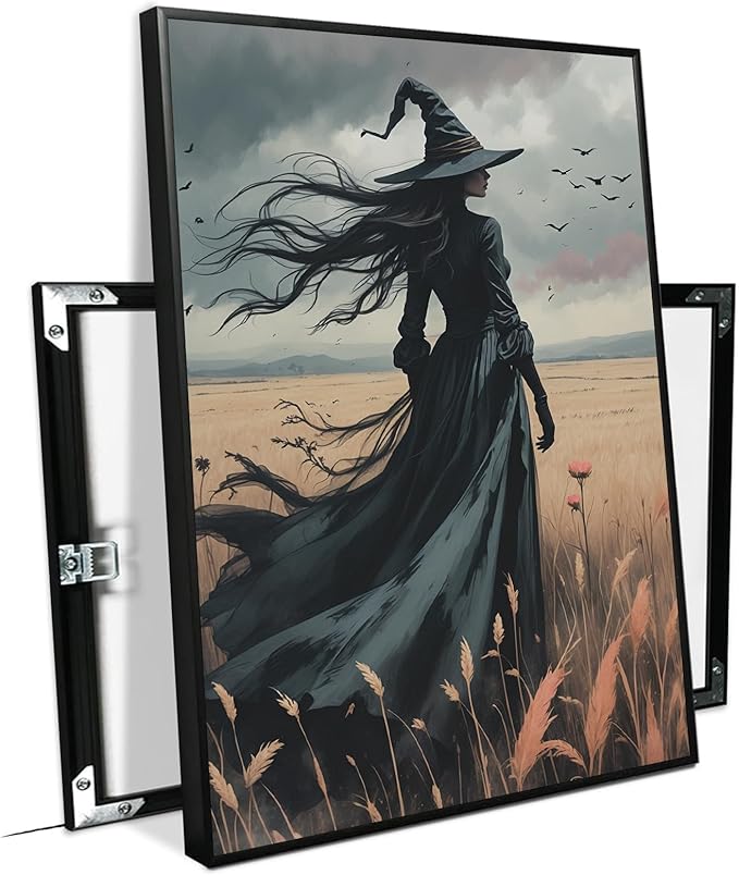 JFHCQJPK Gothic Decor Canvas Wall Art Witch in Rice Field Halloween Art Decor Print Nature Print Victorian Home Bedroom12x16in Metal blackFramed