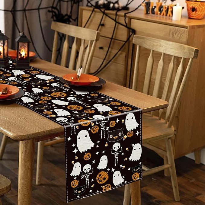Halloween Table Runner and Placemats Set of 5, Halloween Ghost Funny Black Linen Seasonal Kitchen Dining Table Home Outdoor Party Decorations 13x72 Inch