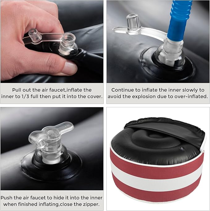 FUNHOME Inflatable Outdoor Ottoman with Air Pump,20"x9" Portable Patio Pouf,Water Resistant,Fade-Resistant,Round Blow Up Footrest Stools for Home Garden Camping Travel(Red White)