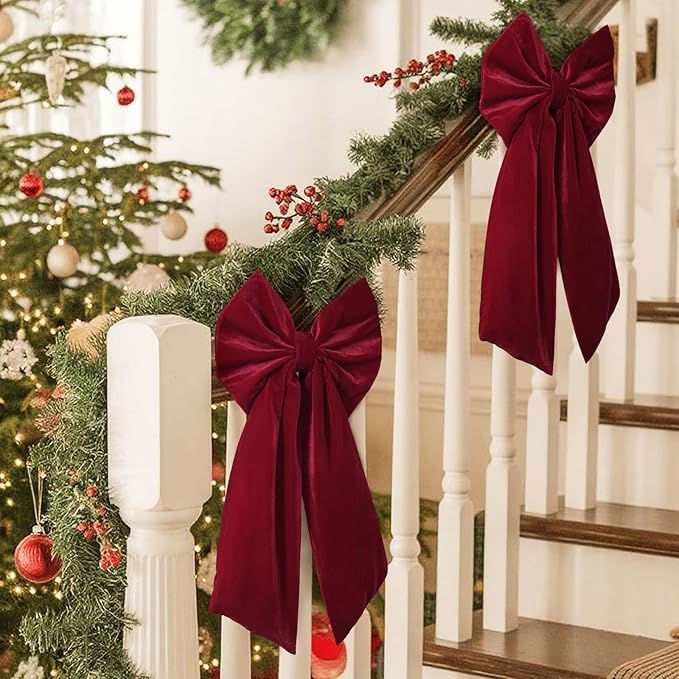 Christmas Decorations - Christmas Bows - 36x18 Inches Large Red Velvet Christmas Tree Topper - Burgundy Ribbon Gift Bows - Xmas Decor for Indoor Outdoor Home Wreaths Mantle Front Door Porch Wedding
