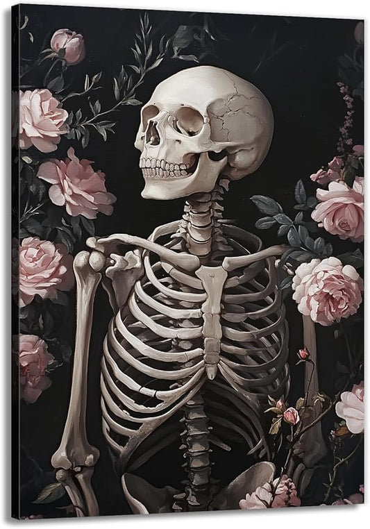 OAAPITI Skull Floral Wall Art Vintage Skeleton Portrait Canvas Print Dark Gothic Skull Art for Living Room Bedroom Home Wall Decor Ready to Hang(Artwork-10,16"x24")