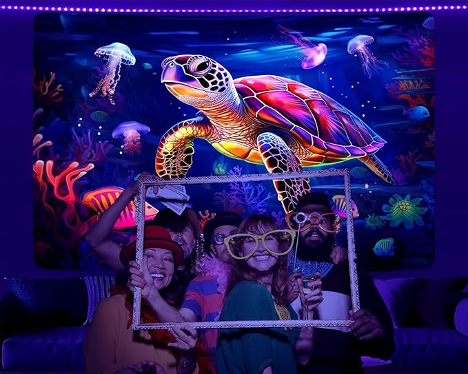 QGHOT Turtle Tapestry, Blacklight Ocean Tapestry Wall Hanging Undersea Black Light Poster for Kids Glow in the Dark for Bedroom Children Toddler Room Decor 37x29in