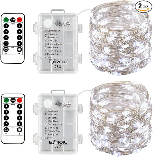 2 x Fairy Lights Battery Operated,Silver Wire Chains 8 Mode 16Ft/5Meter 50 LEDs Timer String Lights with Remote Control for Bedroom Christmas Party Wedding Decoration (Cool White)